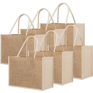 TopTie 6 PCS Jute Tote Bags Reusable Burlap Grocery Shopping Bags Bridesmaid Bag for Wedding