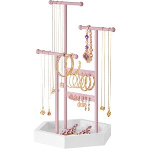 SONGMICS Jewelry Holder, Jewelry Organizer, 3 Tiers and 1 Tray, Jewelry Display Stand with Metal Frame, Necklace Earring Bracelet Holder, for Rings, Jelly Pink and Cloud White UJJS003R01
