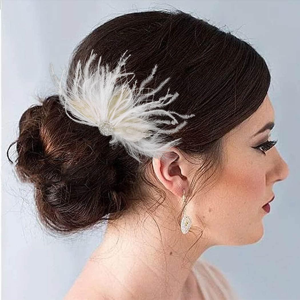 Latious Flapper Feather Hair Comb White Crystal Bridal 1920s Hair Clip Fascinator Hair Accessories for Women