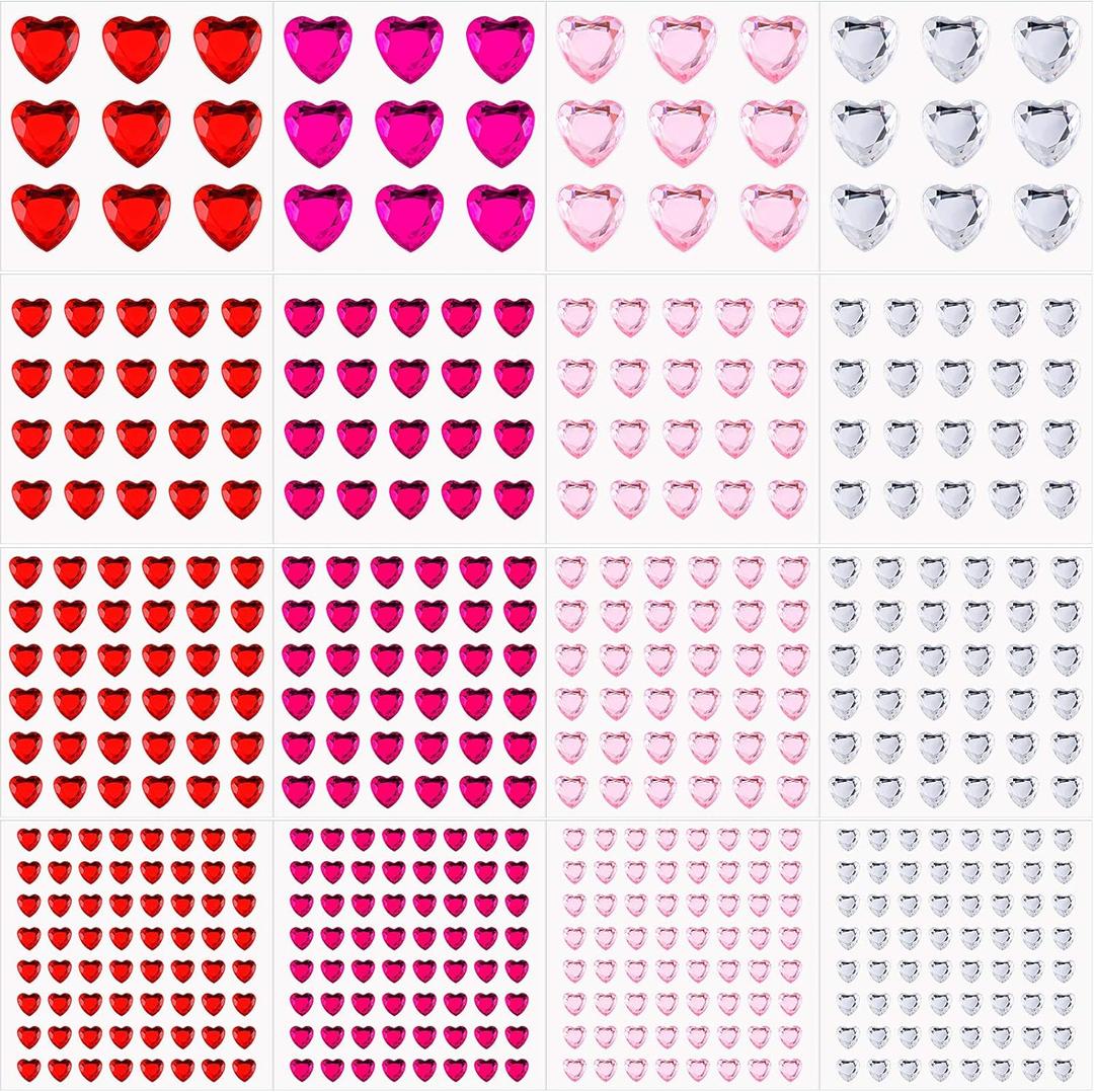 Chuangdi 516 Pcs Heart Rhinestones Sticker Acrylic Heart Gems Stickers Crystal Gems Self Adhesive Flat Back Jewel Rhinestones for DIY Crafts (Bright Color)