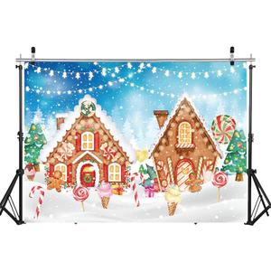 WOLADA Christmas Gingerbread House Backdrop Festive Candy Land with Snowy Scene String Lights Ideal for Christmas Kids' Parties Holiday Photo Shoots Family Gatherings Festive Decor 7x5FT 12631