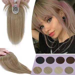 9 Inch Clip in Topper with Bangs for Women Down Thin Short Blonde Synthetic Hair Clip on Small Toupee with Wispy Air Fringe Straight Topper