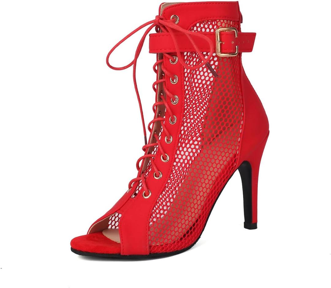 UTIKLIOU Womens Mesh Sandals Peep Toe High Top Sandals Lace Up Summer Boots Buckle Strap Party Sexy Pump Shoes Open toe (Red Size 6)