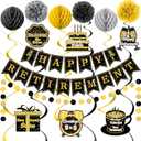 Retirement Party Decorations Black Gold Happy Retirement Banner with Paper Pom Poms Honeycomb Balls Hanging Swirl and Glitter Circle Dot Garland for Men Women Employee Farewell Going Away Party Decor