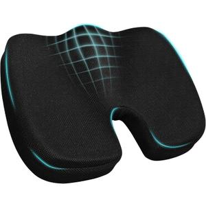 Ergonomic Seat Cushion with Memory Foam for Office Chair, Car Seat, Sciatica & Tailbone Relief, Non-Slip Cushion,Breathable Mesh Cover, Portable Handle - Black