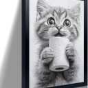 2 x Bathroom Picture Wall Decor, Framed Black and White Bathroom Wall Art, Toilet Paper in Little Funny cat Hand Animal Canvas Print Painting