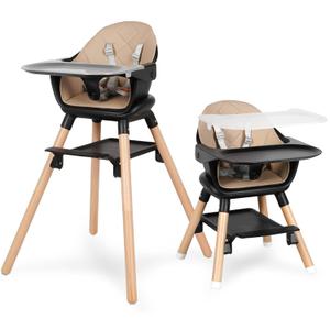 6 in 1 Baby High Chair, Convertible Wooden High Chairs/Booster Seat for Babies and Toddlers, Baby Feeding Chair with 5-Point Harness/Double Removable Tray & Adjustable Footrest (Black)