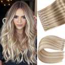 Invisiable Weft Human Hair Extensions Micro Ring PU Hair Extensions Glueless OVO Weft Human Hair Extension Ash Blonde Highlight 18/613 Invisible No Tape in Hair Extension for Women (30g 4Pcs,14 Inch)