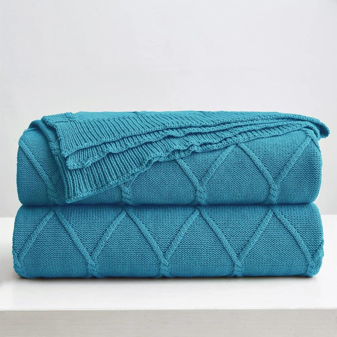 Longhui bedding 100% Cotton Lake Blue Lightweight Cable Knit Throw Blanket with Bonus Laundering Bag for Couch Sofa Bed  50 x 63 Inch, Machine Washable, Home Dcor, Teal