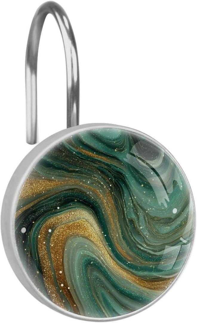 Green Marble Shower Curtain Hooks, 12Pcs Decorative Rust Resistant Shower Rings for Shower Curtain Rods, Stainless Steel Round Curtain Hooks for Bathroom, Bedroom, Farmhouse