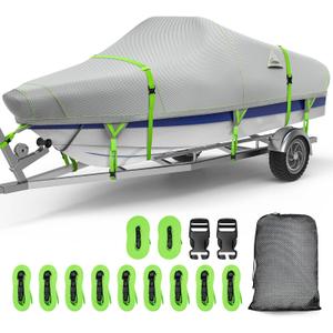 UIRWAY 1200D Heavy Duty Waterproof V-Hull Boat Cover, 22-24ft Trailerable with Night Safety Reflective Strips, UV Resistant Marine Grade for Bass Boat, Runabout, Tri-Hull, Fish & Ski, Bowride - Gray