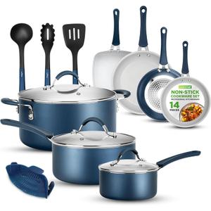 NutriChef 14-Piece Navy Blue Cookware Set - Durable Non-Stick Pots and Pans Set with Lids & Utensils, Compatible with All Cooktops
