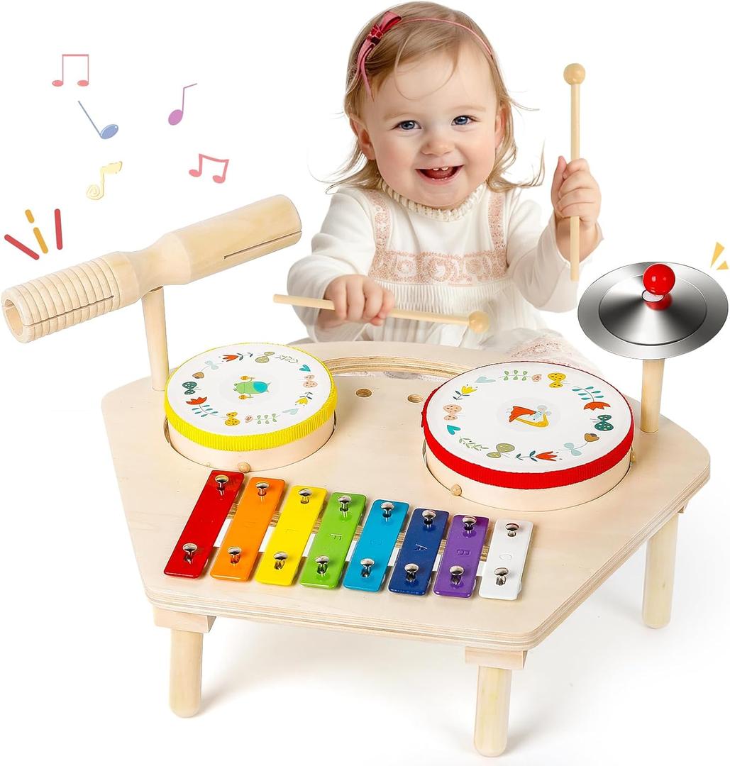M SANMERSEN Kids Drum Set 7 in 1 Toddler Music Toys Wooden Montessori Musical Instruments Baby Sensory Toys Birthday Xmas Gifts for Girls Boys