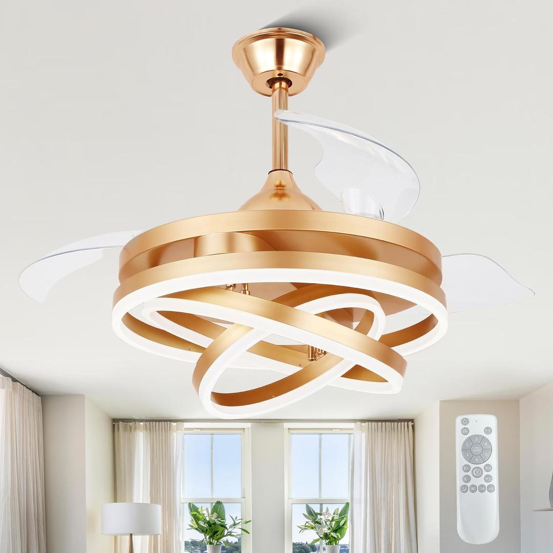 Dawn Whisper 42 Inch Retractable Ceiling Fans Modern Gold Chandelier Ceiling Fans with Lights for Bedroom Living Room Quite DC Motor 6 Speeds 3 Color Dimmable LED Light