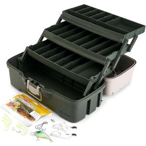Plano Three-Tray Tackle Box Bass Kit, Tan/Green, Rust-Proof Brass Latch, Top-Access Tray Compartments with Deep Storage, Made in the USA, Portable Fishing Gear Storage Organizer