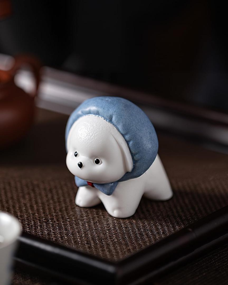 Handmade Ceramic Puppy Tea Pet - Cute Dog Figurine with Headscarf, Adorable Home Decor, Gift for Tea Lovers