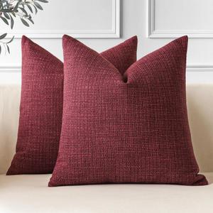 OTOSTAR Pack of 2 Throw Pillow Covers 20x20 Inch Linen Wine Red Pillowcases Farmhouse Decorative Solid Pillow Covers 50x50 cm Square Cushion Case for Home Decor Sofa Couch Bed (Wine Red)