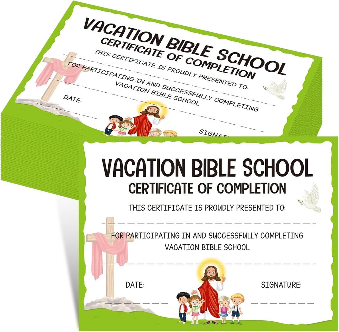 Vacation Bible School Certificates - 50 Pcs VBS Certificate of Completion 11"X 8.3", Christian Cross Attendance Award Participation Certificates for Religious Sunday School Elementary