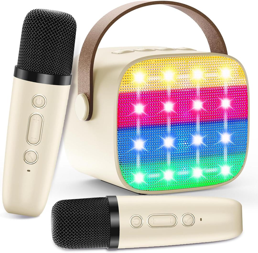 Bluetooth Karaoke Machine Toy for Kids- Mini Karaoke with 2 Wireless Microphone, Voice Changer & LED Lights, Portable Karaoke Mic for 3-8 Year Old Girls, Great for Birthday Home Party (Cream-coloured)