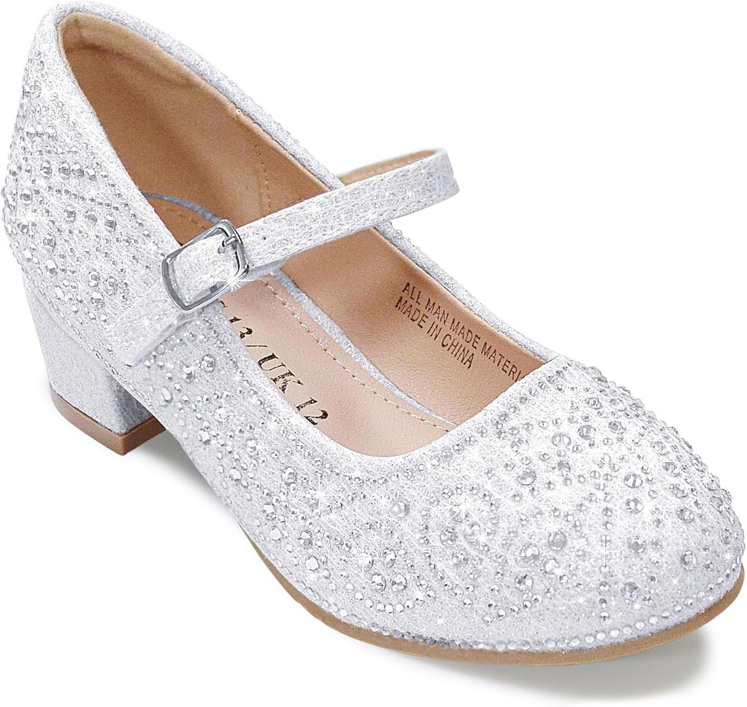 Girls Dress Shoes Mary Jane Shoes for Girls Sparkle Low Heel Hook and Loop Flats for School Wedding Party White US 2