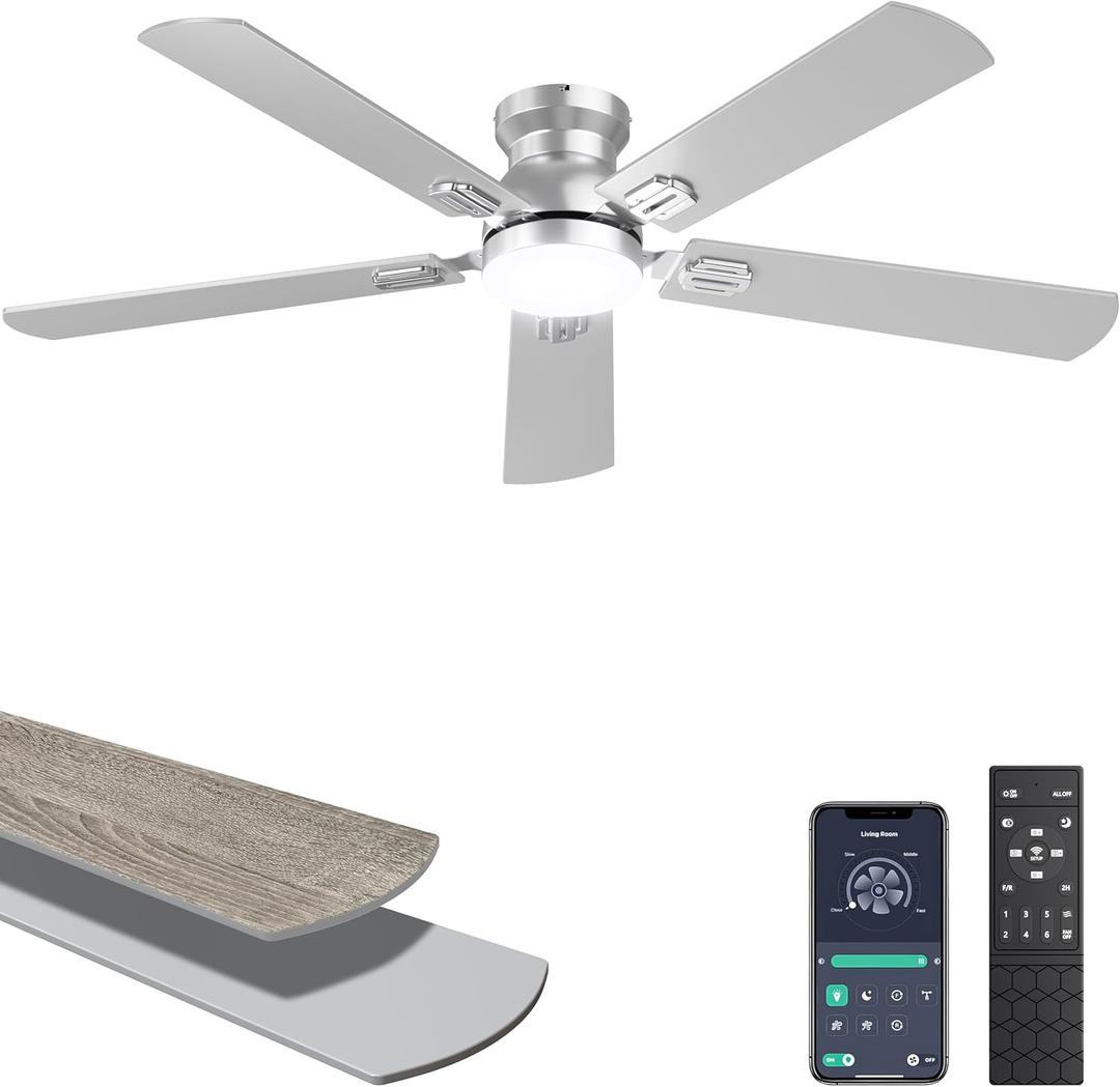Ohniyou Ceiling Fans with Lights, 52 Inch Low Profile Ceiling Fan with Light and Remote/APP Control, Flush Mount, Dimmable, Qiuet DC Motor, Silver Ceiling Fan for Bedroom, Living Room