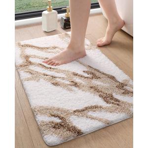 DEXI Soft Plush Bathroom Mat, Non Slip Washable Bath Rug, Absorbent Bathmat for Shower Tub Sink Toilet, 17x30, White and Beige (1'5" x 2'6" (Rectangular))
