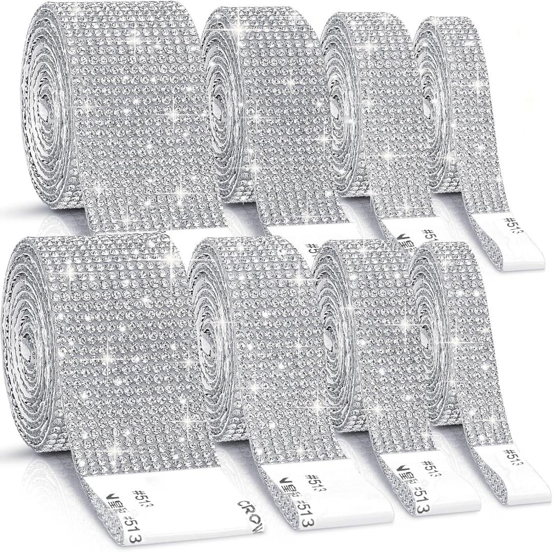 8 Rolls Rhinestone Ribbons,Cludoo 8 Yard Silver Self Adhesive Rhinestone Ribbon, Bling Crystal Diamond Ribbon Roll Wrap Glittering Rhinestones Sticker for Decoration Car DIY Arts Crafts Wedding (sliver)