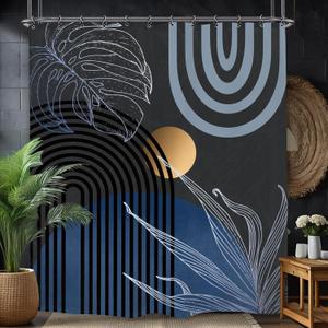 Yookeb Abstract Blue Mid Century Bathroom Shower Curtain 60W by 71H Inch Minimalist Aesthetic Modern Contemporary Plant Leaves Vintage Polyester Fabric 12 Plastic Hooks Waterproof Decor
