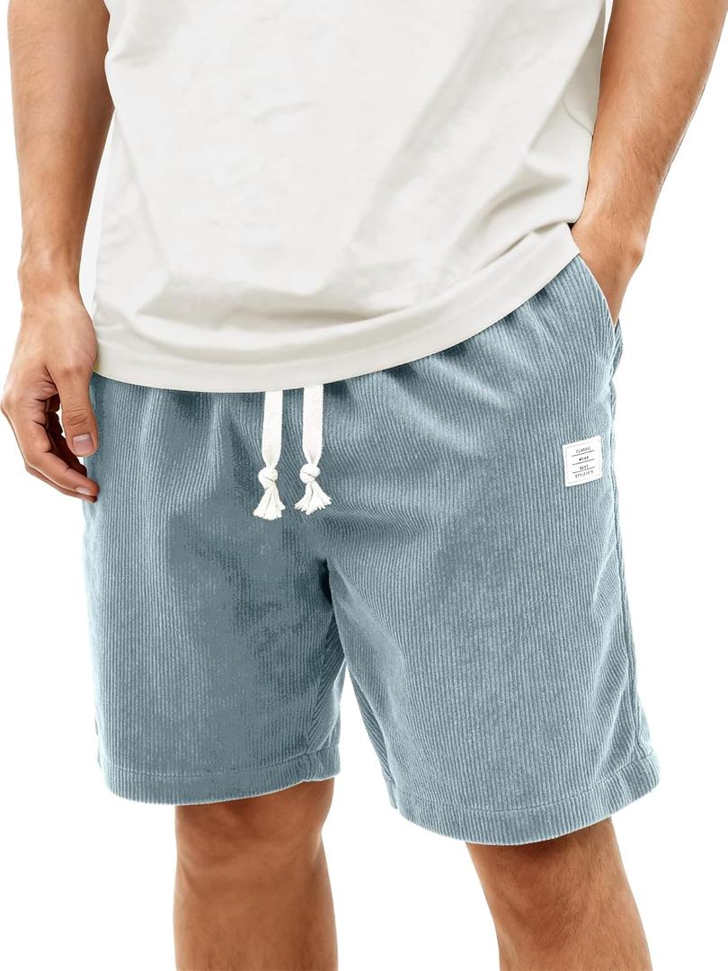 HOTake Mens Corduroy Shorts Casual 7 Inch Elastic Waist Drawstring Summer Beach Loose Fit Shorts (Blue, M)
