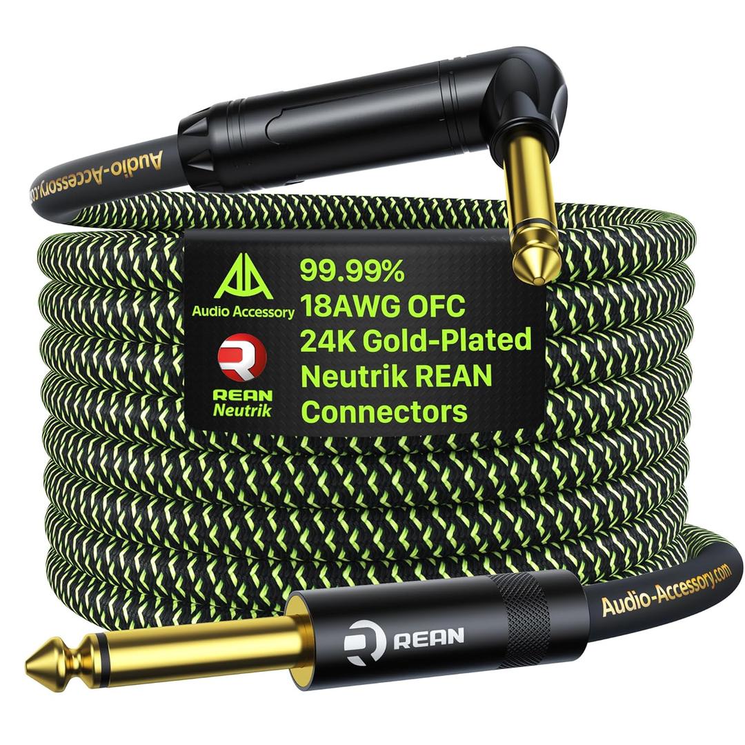 Pro Bass Guitar Cable 10ft Right Angle, Gold-Plated Neutrik REAN Connector, 99.99% 18AWG OFC, Kevlar-Reinforced 1/4 Inch Instrument Cable for Fender Combo Amp Rumble Frontman Mustang Marshall Spark