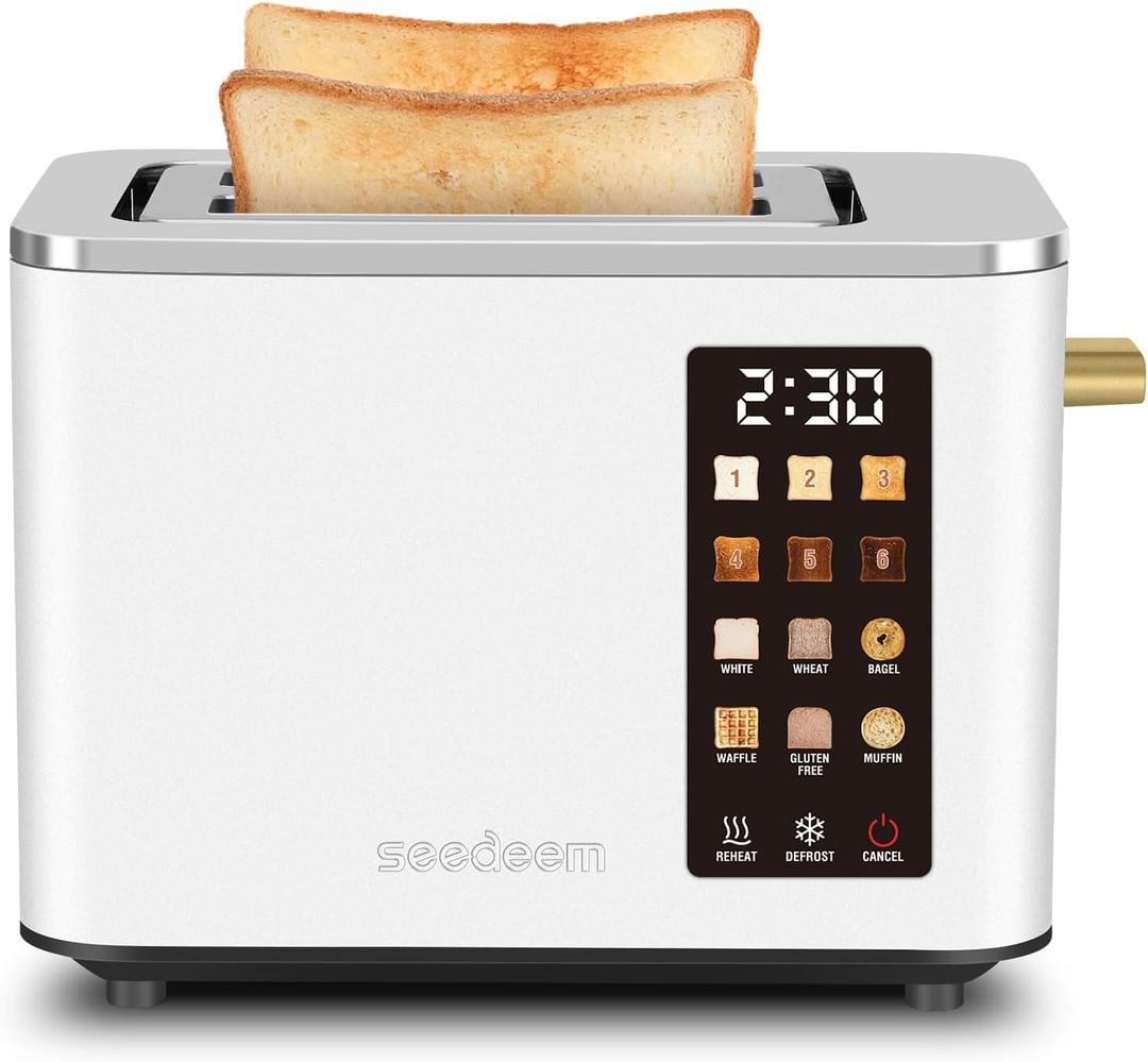 SEEDEEM Toaster 2 Slice, Touch Control Screen, Smart Stainless Toaster, 6 Shade Setting, 6 Bread Selection, Countdown, Removable Crumb Tray, 900W, Pearl White (9.4*6.3*7.3)