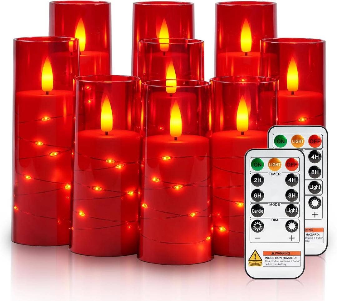 Raycare Flameless Candle with Remote Timer  9 Flickering Acrylic Battery Operated LED Pillar Candles with Embedded Star String for Valentine's Day, Home Decor, and as a Gift (Red)