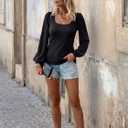 Womens Puff Long Sleeve Tops Square Neck Ribbed Knit Slim Fit Blouse Basic Tee Tops Elegant T Shirts (L)