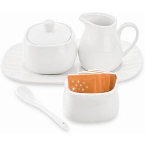 Dicunoy Set of 4 Sugar and Creamer Set, Small Creamer Pitcher with Handle for Coffee Bar, Sugar Bowl with Lid, Spoon and Tray, White Ceramic Sweetener Packet Container for Tea, Milk