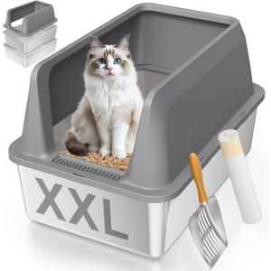 Stainless Steel Sifting Litter Box with Lid, High Sides XXL Extra Large Sifting Cat Litter Box for Pine Pellets & Big Cats, Sifter Litter Pan System for Odor Control,Sifting Box Liners & Scoop