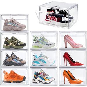12 Pack Acrylic Sneakr Shoe Display Case, Size 12.5 Shoe Storage Boxes Clear Stackable Purse Handbag Organizer Under Bed Storage Bins with Magnetic Lids