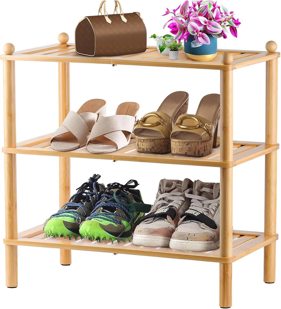 3-Tier Shoe Rack,Shoes Organizer,for Front Door Entrance, Free Standing Shelf Entryway and Closet Hallway, Small Space Stackable Bamboo Multifunctional Racks