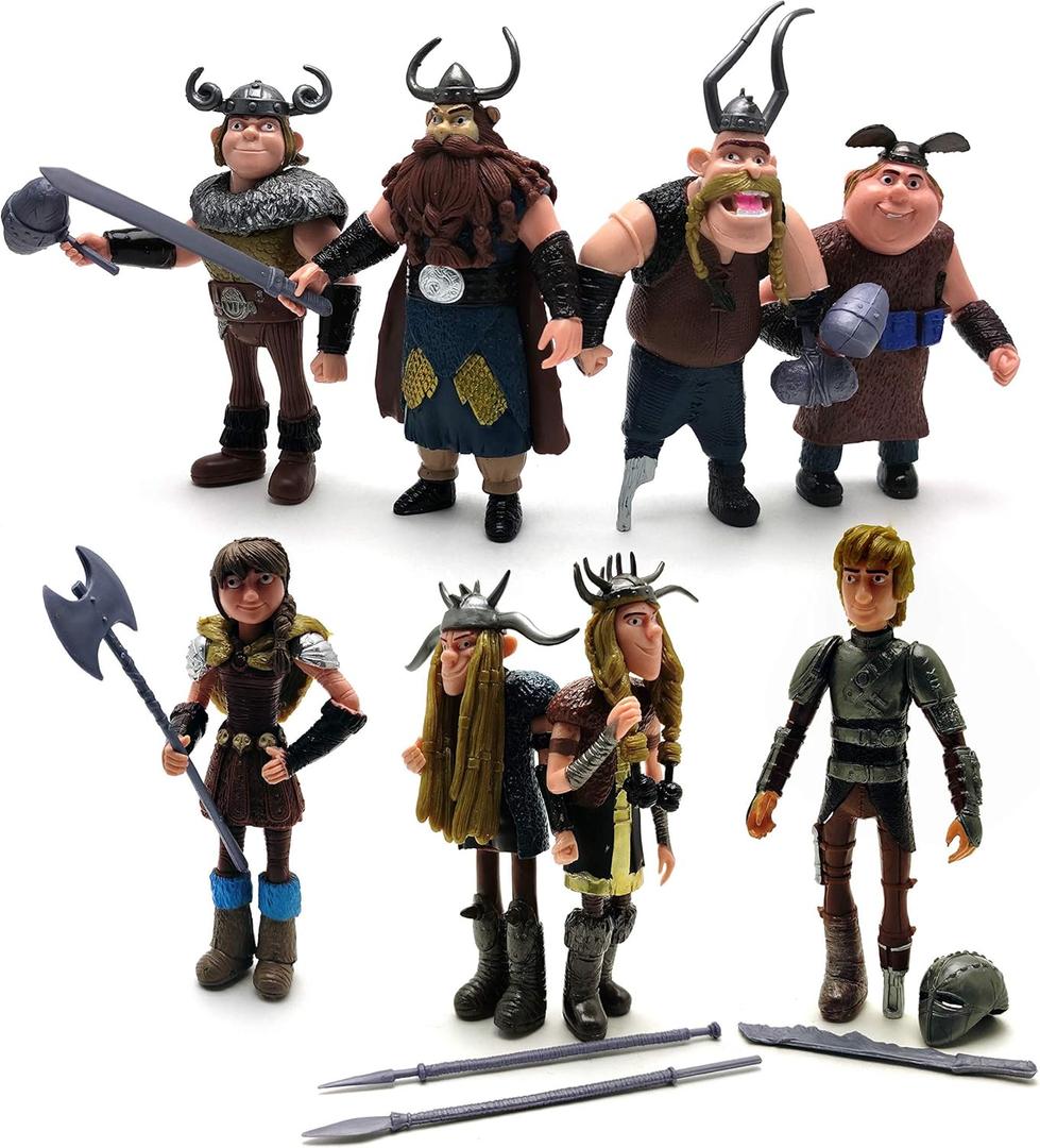 Toysvill Vikings Collection - Action Figures - Hiccup, Astrid, Stoick, Gobber, Snotlout, Fishlegs, Tuffnut & Ruffnut Toys (Set of 8 pcs)
