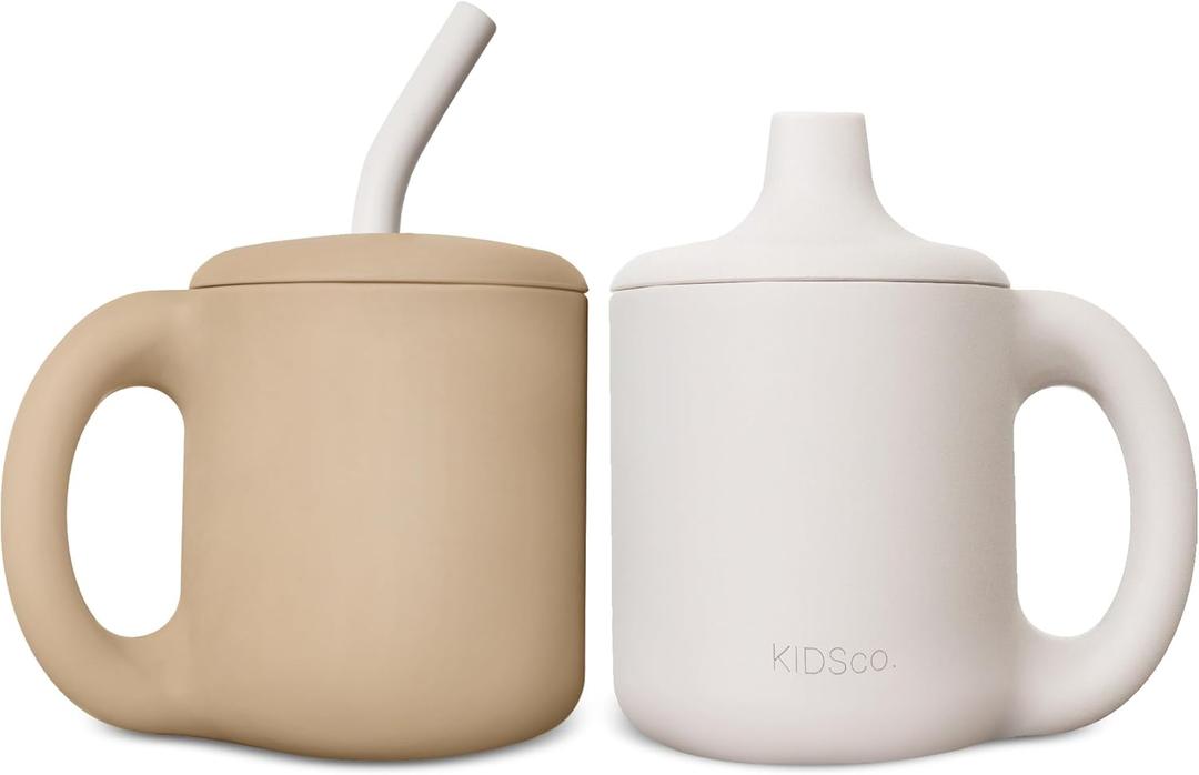 KIDSco. Silicone Sippy Cups (2 Pack)  Soft Spout/Straw & Open Training Cups for Babies 6+ Months | Easy Grip Handles, Unbreakable BPA-Free Silicone, Leak-Resistant, Dishwasher Safe (Oat and Tan)
