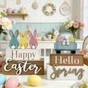 2 Pack Happy Easter Decorations for Home Bunny Truck Easter Decor Rustic Wooden Spring Rabbit Signs Farmhouse Tables Decorations Block Gifts Indoor Tiered Tray Kitchen Shelf Party