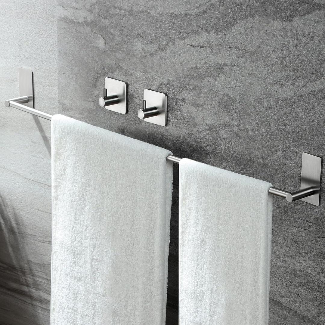 Taozun Towel Bar - 32 Inch Towel Holder with 2 Packs Adhesive Hooks, Hand Towel Rack Stick on Wall, Stainless Steel Bathroom Hardware Accessory Kit (Silver)