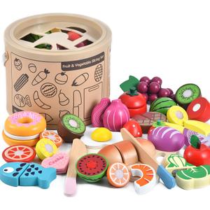 WHOHOLL 43 Pcs Wooden Play Food for Kids Play Kitchen Accessories Playset with Basket, Pretend Cutting Food Toys for 3 4 5 6 Year Old, Vegetables Fruits Toys Christmas Birthday Gifts for Girls Boys