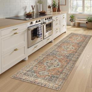 Lahome Oriental Washable Kitchen Runner Rug Non Slip, 2x8 Bathroom Runners for Hallways with Rubber Backing, Vintage Soft Long Carpet for Laundry Bedroom Eleanor, Peach/Orange (Terracotta)