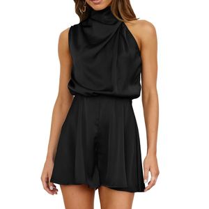 BTFBM Women Mock Neck Summer Romper 2025 Spring Beach Vacation Clothes Sleeveless Elastic Waist Satin Shorts Jumpsuit, XL