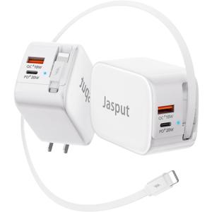 3 in 1 Retractable Wall Charger with Cable, 40W Fast Retractable Phone Charger Wall Plug with Dual USB Port,Portable USB Chargers Block for iPhone 14/13/12/11, iPad (Light,enning+ cables-White)