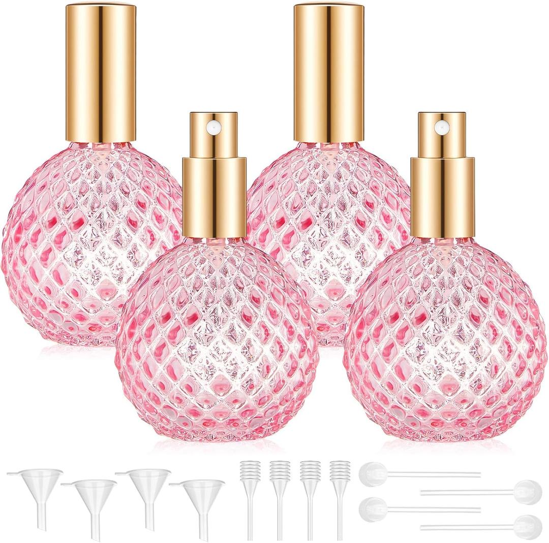 4 Pack 3.4oz 100ml Pink Glass Perfume Atomizers Bulk, Refillable Vintage Travel Cologne Spray Bottles Empty for Women with Leak-proof & 3 Kinds of Dispenser for Cosmetic Liquids, Elegant Home Decor
