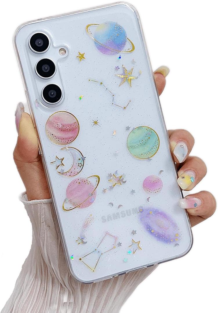 Compatible for Samsung Galaxy S24+ Plus / S25+ Plus Case, Cute Clear Cases with Design Stars and Moon Bling Glitter Planet Aesthetic Silicone Cover Women Girls for Samsung S24+ 6.7'', Space