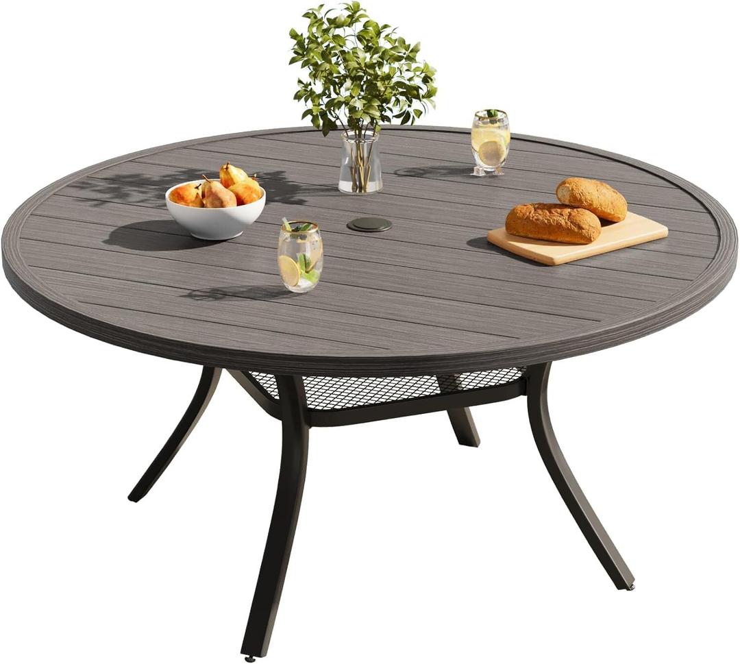 VICLLAX Round Patio Dining Table, 4-6 Person Metal Outdoor Dining Table with Umbrella Hole for Garden Lawn Deck, 47.2" Grey