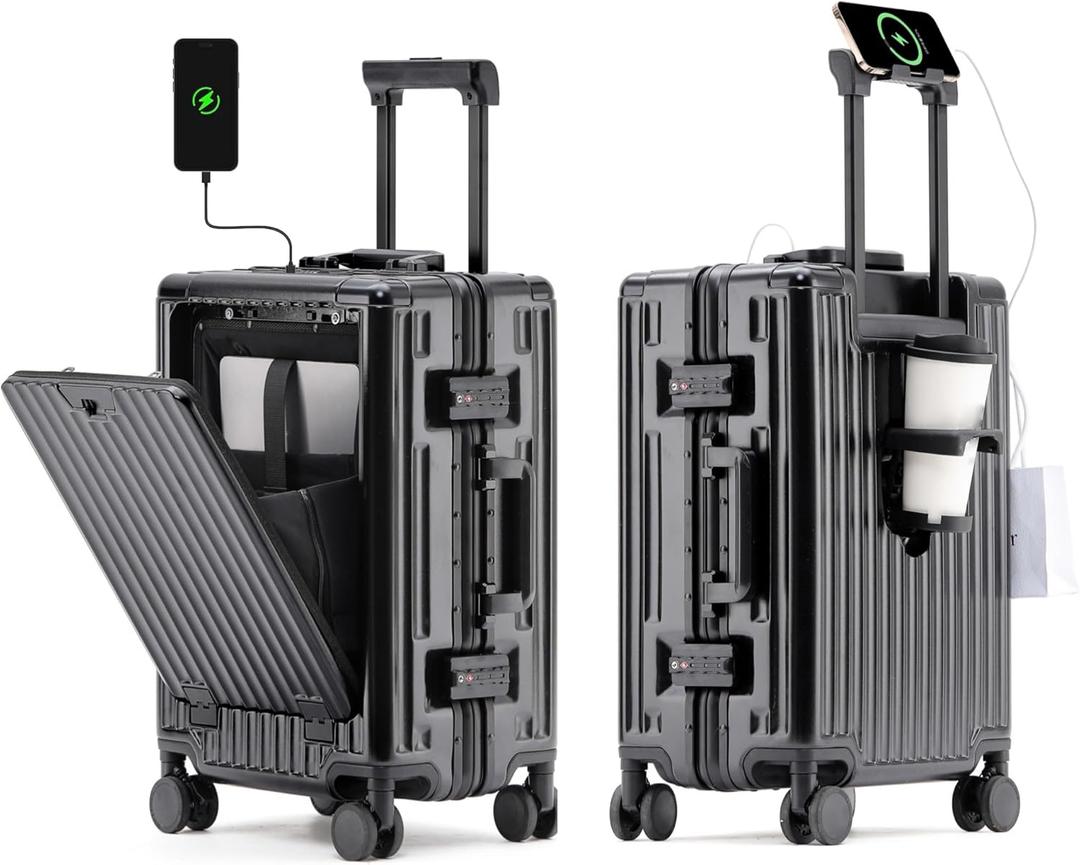 HotWay 26 Inch Checked In Luggage with Cup Phone Holder and Laptop Compartment, PC Hard Shell Suitcase with Spinner Wheels and USB Port, Large Luggage for Business Travel (Black)