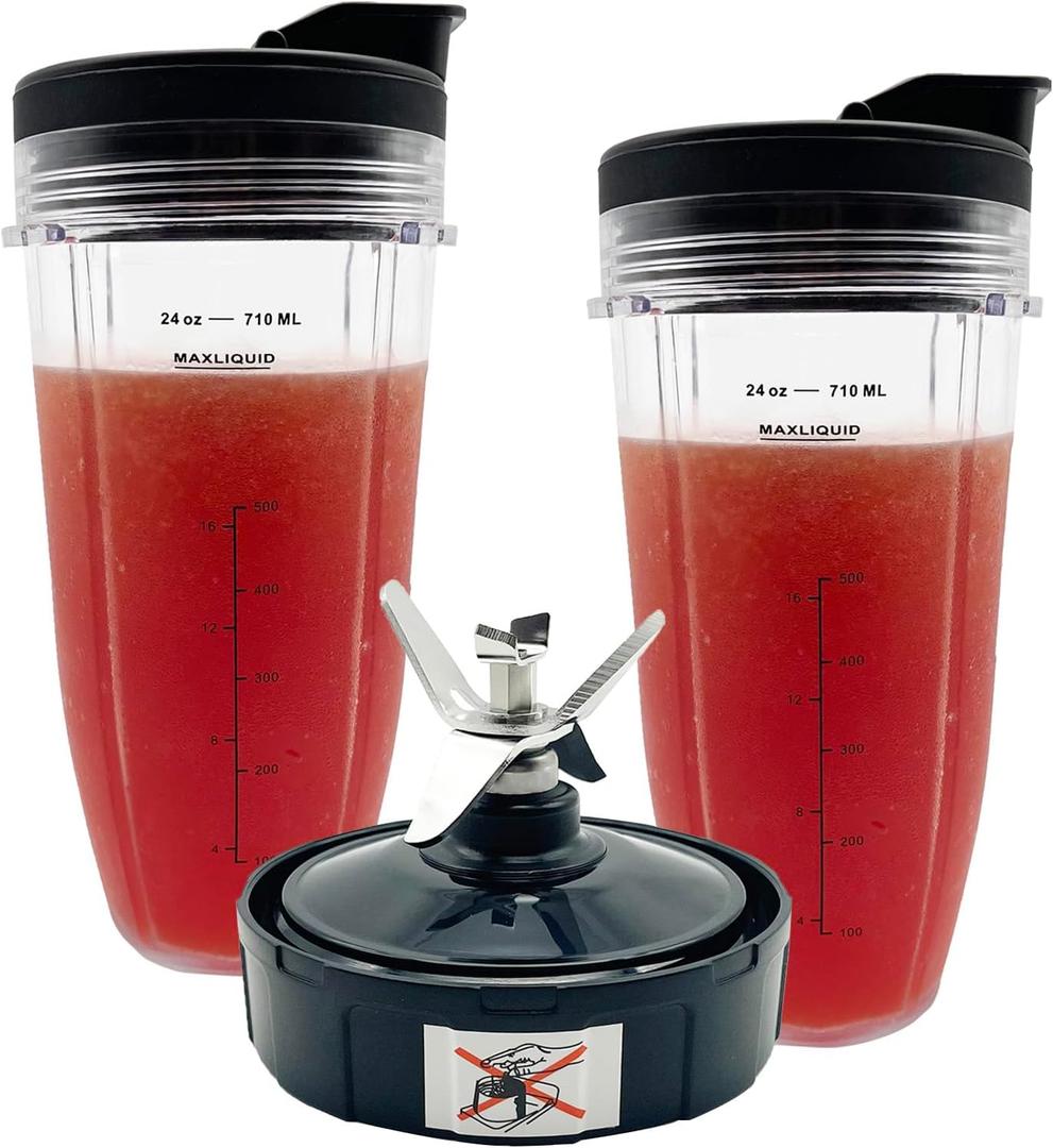 Blender 24 oz Cups with Lids & 7 Fins Extractor Blade Replacement Parts Compatible with Nutri Ninja Auto iQ AMZ493BRN BL450-30 BL456-30 BL480-30 BL480D BL482-30 BL494 BL642 BL682 BN401 BN801 CT682SP
